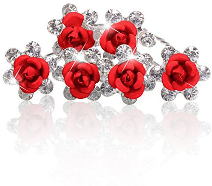 Autiga Haarnadeln Blume Rose Strass Blüte Kristalle Hochzeit Braut Haarschmuck Blumenhaarnadel Kommunion Haarpins Duttnadeln rot 12er Set