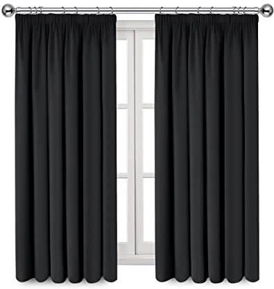 Imperial Rooms Blackout Curtains Pencil Pleat Black Curtains for Bedroom 54 Inch Drop - Window Treatments Tape Top Living Room Short Thermal Curtain & Drapes with Tiebacks Two Panels (168cm x 137cm)
