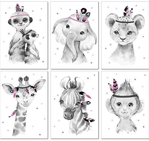 LALELU-Prints Bilder Kinderzimmer Poster Babyzimmer Deko Mädchen Jungen Kinderbilder Set Kinderzimmerbilder (Indianer rosa 6er Set)
