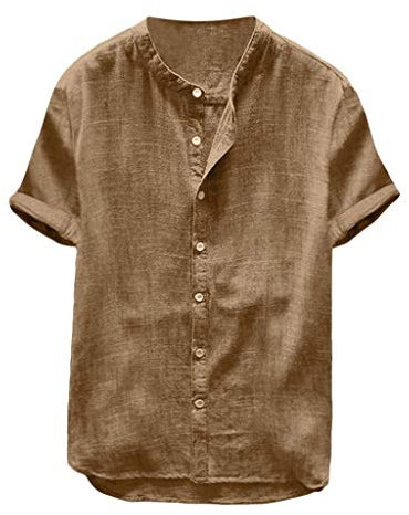 Yowablo Leinenhemd Herren Kurzarm Henley Shirt Männer Einfarbig Freizeithemd Übergröße Sommer Casual Hemden Leichte Atmungsaktives Bequem Leinen Sommerhemden Loose Fit (M,2Khaki)