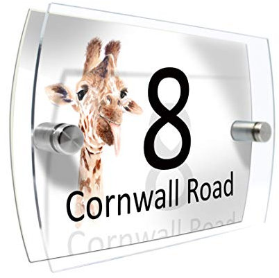 Colourbat Watercolour Animals Personalised Modern House number Sign Name and Number Street Wall Plaque (Giraffe Tongue)
