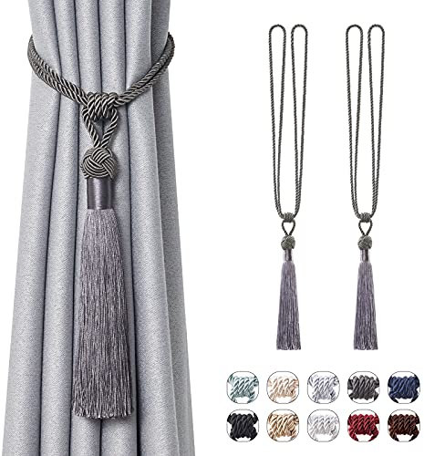 Pretty Jolly Langen Quasten Vorhang-Raffhalter Handmade geflochtene Seil Knoten drapierte Raffhalter Elegante dekorative Vorhanghalter für Zuhause und Büro, Dunkelgrau, 2 Stück