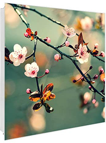 banjado Großer Schlüsselkasten Glas - Schlüsselbox 30x30cm mit 50 Haken - Schlüsselkasten modern für Schlüsselaufbewahrung mit beschreibbarer, magnetischer Glastür - Motiv Japankirsche