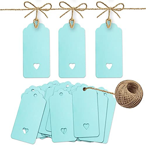 PCP 100 Pcs Gift Tags Kraft Paper Tags with 30m Jute Twine String for Arts & Craft, Luggage Label, Weddings, Valentines & Christmas, 300g/m² (Blue)