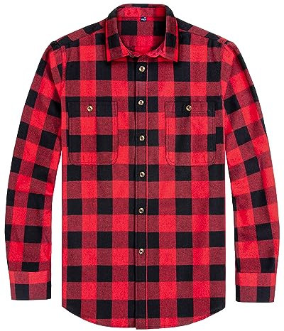 J.VER Men's Flannel Shirt Red Black Long Sleeve Cotton Checked Shirts Button Down Lumberjack Regular Fit Winter Warm Thick Plaid Shirt with Pockets 4XL