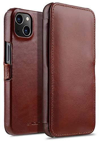 STILGUT Book Case kompatibel mit iPhone 13 (6.1“) Hülle aus Leder mit Clip-Verschluss, Klapphülle, Handyhülle, Lederhülle - Cognac Nappa