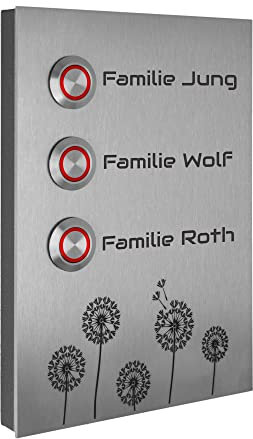 Jung Edelstahl Design Dreifamilienhaus Aufputz Türklingel Kiel1-3AG Motiv Pusteblume Klingelschild 17x12 cm Klingel Mehrfamilienhaus