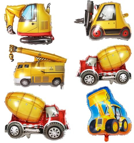 kukifun Baustelle Luftballons 6 Stück Bagger Luftballons Baustelle Geburtstag Deko Traktor Kran Gabelstapler Betonmischer Geburtstag Deko Auto Folienballons für Kindergeburtstag Party Dekorationen