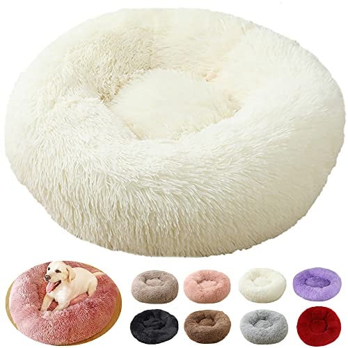 Hundebett für Katzen und Hunde, Anti-Stress, beruhigendes Kissen, große Größe, abnehmbarer und waschbarer Bezug, Donut-Bett (50 cm, weiß)