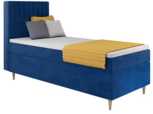 MartHome Boxspringbett Einzelbett mit Bettkasten Porto - Boxspringbett mit Bettkasten - Praktisches Bett, Polsterbett - Boxspringbetten Bonell Matratze - Bett mit Topper | Recht (Blau 175, 100x200cm)