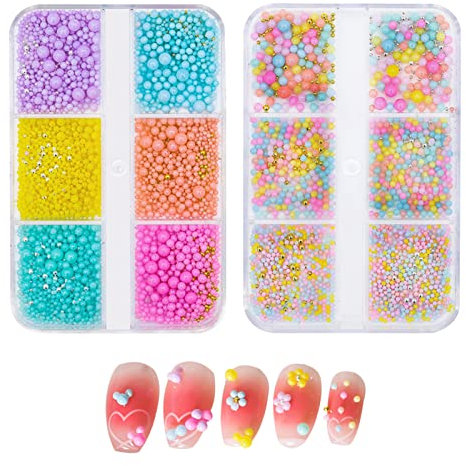 Caviar Beads for Nails,2Boxes 12Grids Macaron Colorful Micro Caviar Beads with Gold Silver Mini Steel Balls,Candy Color Nail Beads Nail Art Accessories for Manicure Design Decorations DIY Crafts