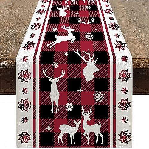 Ohok Weihnachten Tischläufer 33 x 183 cm, Leinen Weihnachten Serie Tischdecke Küche Esstisch Dekoration für Drinnen und Draußen Urlaub Party Wohnzimmer Dekor (Plaid Hirsche)