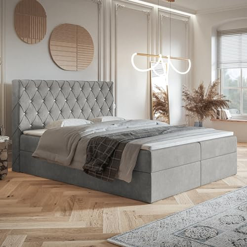 MOTIVENA Malta Boxspringbett 160x200 mit Bettkasten und Topper, Polsterbett 160x200 mit Bettkasten, Bonell-Matratze (H4), T28 Schaumstoff Topper (H3), mit Strass, Samt, Grau (Hellgrau)