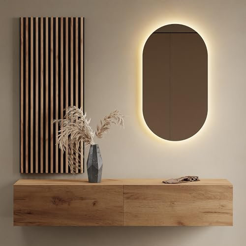 Planetmöbel Flur Möbel Garderobe 1x 160cm Gold Eiche, Wandpaneel 50cm Gold Eiche/Anthrazit mit Spiegel 50cm (ohne LED), Wandgarderobe 32,5H x 160B x 37,8T cm