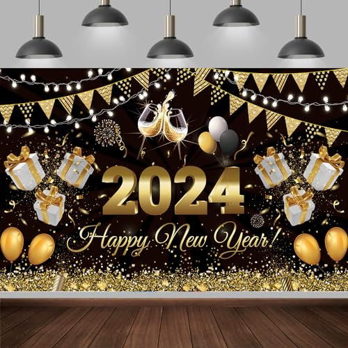 Figarge Happy New Year Banner Silvester Deko 2025 Große Silvester Deko Banner 2025 New Year Party Stoff Foto Hintergrund Dekoration Schwarz und Gold New Year Decoration (180x110cm)