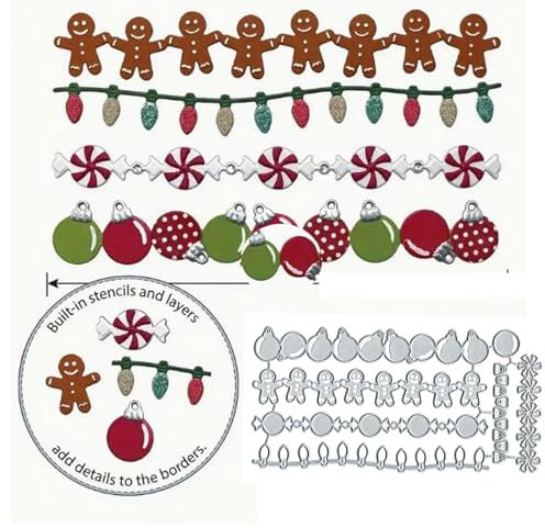 Weihnachtsbordüren Metall-Stanzformen, Merry Christmas Lebkuchenmann, Glühbirne, Süßigkeiten, Stanzschablonen für selbstgemachte Einladungskarten, Scrapbooking, Album, dekorative, silber