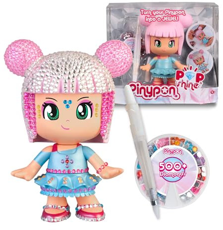 Pinypon Pop & Shine (PNY57000) Figurine de 17 cm à décorer et Personnaliser avec 500 Cristaux Brillants de 7 Couleurs différentes, Comprend Un Stylo à Colle et Une Recharge, +4 Ans