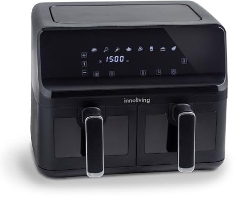 Innoliving Friggitrice ad Aria INN-798 Doppio Cestello 2700W, da 8 Litri, 2 Griglie, TouchScreen Intelligente, Cottura Sincronizzata o Separata, Finestre di Controllo Trasparenti, Piedini Antiscivolo