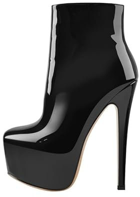 blingqueen Damen Plateau Stiefeletten Pfennigabsatz Kurzschaft Stiefel Stiletto Zipper Ankle Boots Lack Schwarz 42 EU