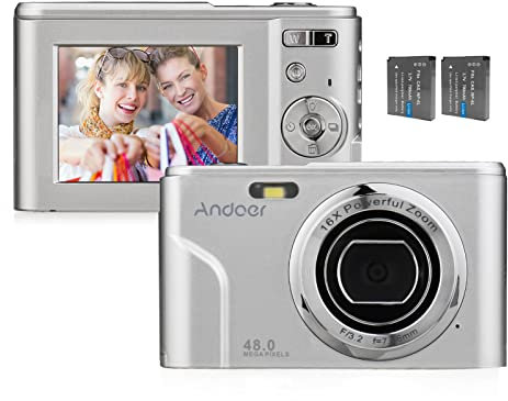 Andoer Portable Digital Camera 48MP 1080P 2.4-inch IPS Screen 16X Zoom Auto Focus Self-Timer 128GB Extended Memory Face Detection Anti-shaking with 2pcs Batteries Hand Strap Carry Pouch