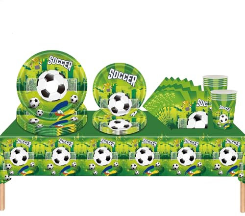 69Pcs Green Football Party Tableware Set,Football Table Decorations Soccer Football Party Plastic Table Cloth,Paper Plates Napkins and Cups for Kids Boys Birthday World Cup Football Party Decorations