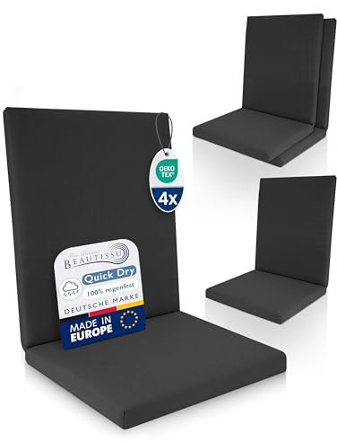 Beautissu 4er Set Premium Niedriglehner Auflage 100% Wasserdicht 100x50cm – UV-beständig Bequem Pflegeleicht Waschbar Sitzkissen Gartenstuhl – Polsterauflage Gartenmöbel Stuhlauflage Anthrazit