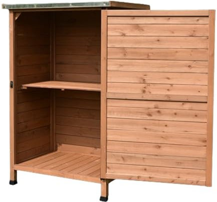 Lagerschuppen für Den Außenbereich, Kompakter Werkzeugschrank mit Türen und Griffen, Pflanztisch für Den Außenbereich mit Metalltischplatte für Garten, Terrasse, Rasen(Wood Color)