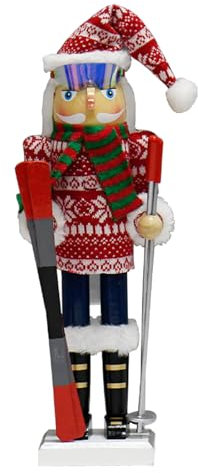 Skier Man Nussknacker – 38,1 cm handgefertigte Holzfiguren mit Ski-Board, Stöcken, Brille in Skipose für Kaminsims, Regal, Tischplatte, Weihnachtsfeiertags-Ornamente & Geschenke
