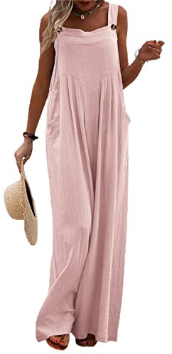 Women Wide Leg Overalls Sleeveless Jumpsuits Casual Solid Color Adjustable Suspender Button Rompers with Pockets (Pink, XXL)