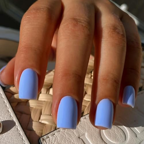 Ceboic 24 Pièces Court Carré Faux Ongles Bleu Clair French Press on Nails Couleur Pure Ongles à Coller Ballerine Acrylique Faux Ongles Autocollants Naturel Ongles Artificiels pour Femmes et Filles