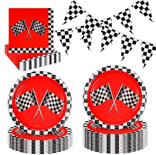 AINIUNIU Racing Car Birthday Party Decorations, Black White F1 Checkered Flag Party Tableware, Birthday Paper Plates, Napkins, Banner, for Kids' Racing Sports Themed Birthday Party, Serves 24