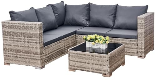 AOUXIN 5 Seater Rattan Garden Furniture Set, Rattan Corner Sofa Set Patio Sofa with Glass Table (Grey)