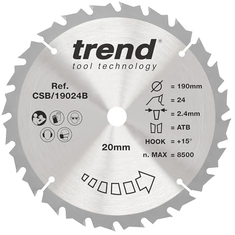 Trend Wood Circular Saw Blade, 190mm, 20mm Bore, 24T, TCT, +15° Hook | Provides Accurate Cuts In Wood With 24T TCT Teeth, 2.4mm Kerf And Medium Finish, 190mm x 20mm Bore, CSB/19024B