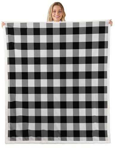 feelingyou Couverture en polaire à carreaux noirs et blancs pour canapé, plaid géométrique super doux et chaud, couverture carrée à carreaux pour toutes les saisons
