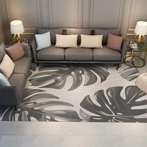 LANDERSION Tropische Pflanze Palmblatt Outdoor Teppiche Faltbarer Rutschfester Teppich Waschbare Außenmatte für Terrasse Camping Wohnmobil Strand Grau und Weiß 140x200cm