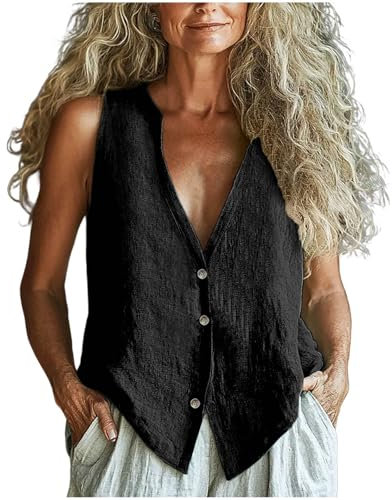 Cotton Linen Shirts Tank Tops for Women UK Clearance, Button Down V-Neck Vest Ladies Plain Cotton-Linen Sleeveless Tshirts Lightweight Breathable Blouses 2025 Summer Loose Fit Tee Shirt Black