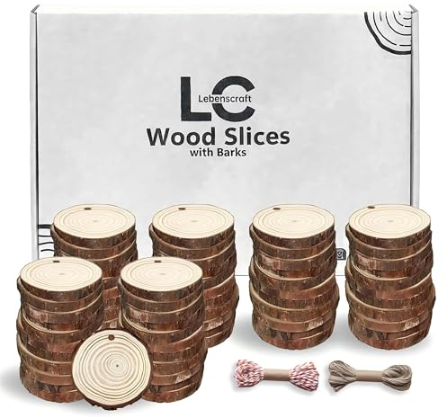 Petit Rondin Tranche de Bois avec Trou Deco Naturel Brut, 4-5 cm 60 pcs | avec 2 cordes,rond,rondelles,mini