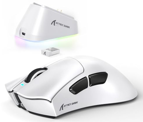 ATTACK SHARK V3PRO Mouse Gaming Senza Fili Con Dock Ricarica Magnetico, PixArt PAW3311, Fino A 25000 DPI, BT/2.4GHz/Filiato, 100M Clic, 500mAh, 65g Ultra-Leggero Per Win11/Xbox/PS/Mac - Bianco