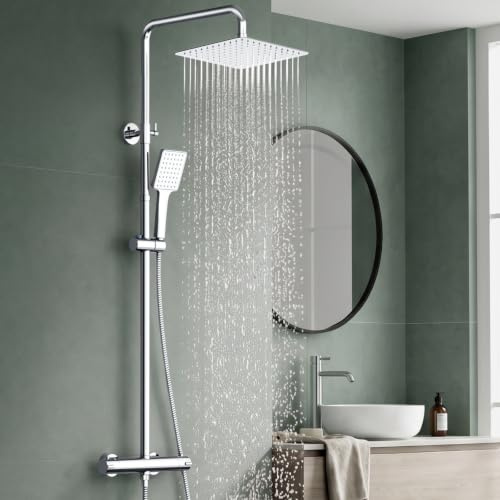 SunCleanse Thermostatic Shower Mixer Set, 25x25cm, Stainless Steel, Chrome | Anti-Scald, Shower System with Square Rain Shower Head and Handheld Shower, Adjustable Shower Rail 73–106cm