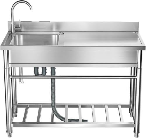 Fregadero utilitario de 1 compartimento, fregadero de cocina comercial de acero inoxidable con grifo y estantes, estación de trabajo, para restaurante de negocios, cafetería, bar, hotel, garaje
