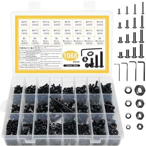 1068 PcsTornillos M3 M4 M5 M6, Tornillos de Cabeza Redonda Hexagonal, Tornillos y Tuercas y Arandelas, Tornillos Negros para Máquina Bicicletas Casa