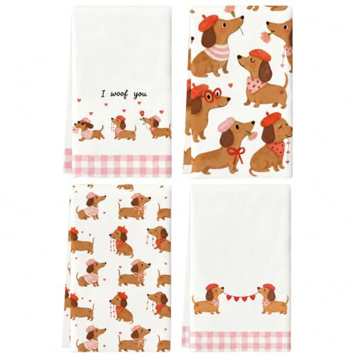 4 Stück Dackel Geschenke Set, Saugstarke Küchenhandtücher mit Liebesmotiven | 40x60cm Mikrofaser Geschirrtücher, Dachshund Abtrockentücher Küche, Lustige Dackel Deko Handtuch für Zuhause Dackelliebhaber