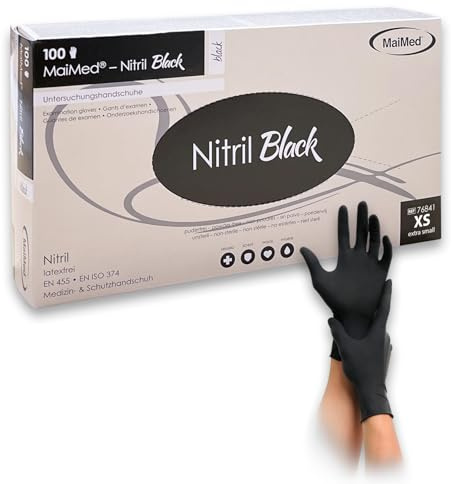 Maimed Nitrilhandschuhe Schwarz – 100 Stück – puderfrei, reißfest & latexfreie Einweghandschuhe – ideal für Tattoo, Küche, Reinigung