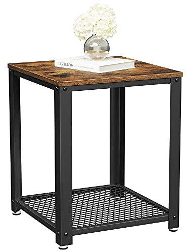 VASAGLE Beistelltisch, 2-stöckiger Nachttisch, Beistelltisch mit Netzablage, Stahlrahmen, verstellbare Füße, für Wohnzimmer, Schlafzimmer, Industriestil, rustikales Braun und Schwarz, ULET41X, 17,7 x