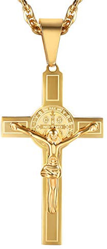 PROSTEEL Herren Kette 18k vergoldet Kruzifix Kreuz Anhänger Benediktuskreuz Religiöse Halskette für Männer Jungen