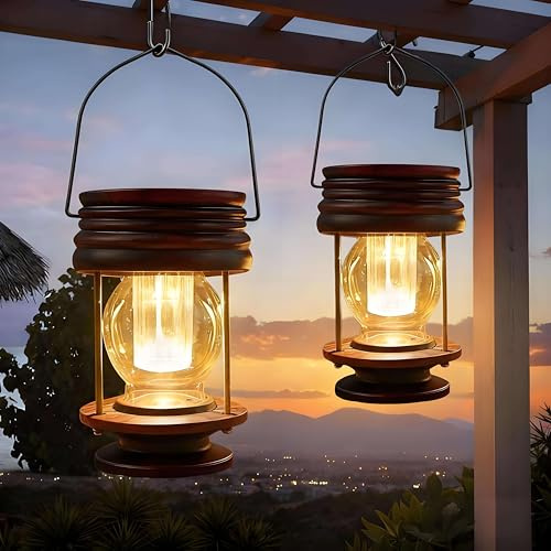 2 Pack Solar Lantern Hanging Lights Outdoor Waterproof LED | Auto On/Off Sensor, Solar Powered, Vintage Design,8H Warm Glow, Garden Decor for Porch, Patio, Pathway, Landscape, Yard