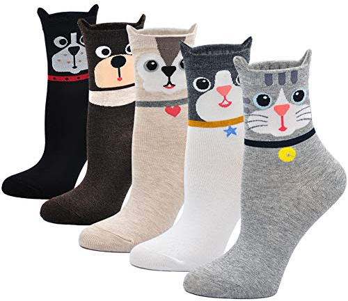 Chaussettes Fantaisie Femme Animaux Chien Chat, en Coton Fille Hiver Mignonnes Doux, EU 37-43, 5 Paires