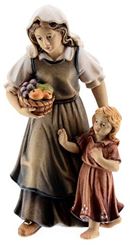 Hirtin mit Mädchen Krippe Kostner Grödnertal Holz 12cm