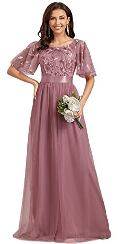 Ever-Pretty Robe de Demoiselle d'honneur Col Rond Manches Courtes Taille Empire A-Line Tulle Longue Femme Orchidée 40