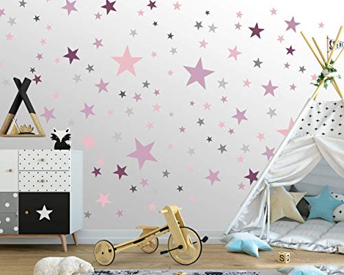 Adhesivo de pared de 100 estrellas para la habitación de los niños - colores pastel, cielo estrellado de bebé para pegar en la decoración de la pared de adhesivo de pared, Gris - rosa - púrpura